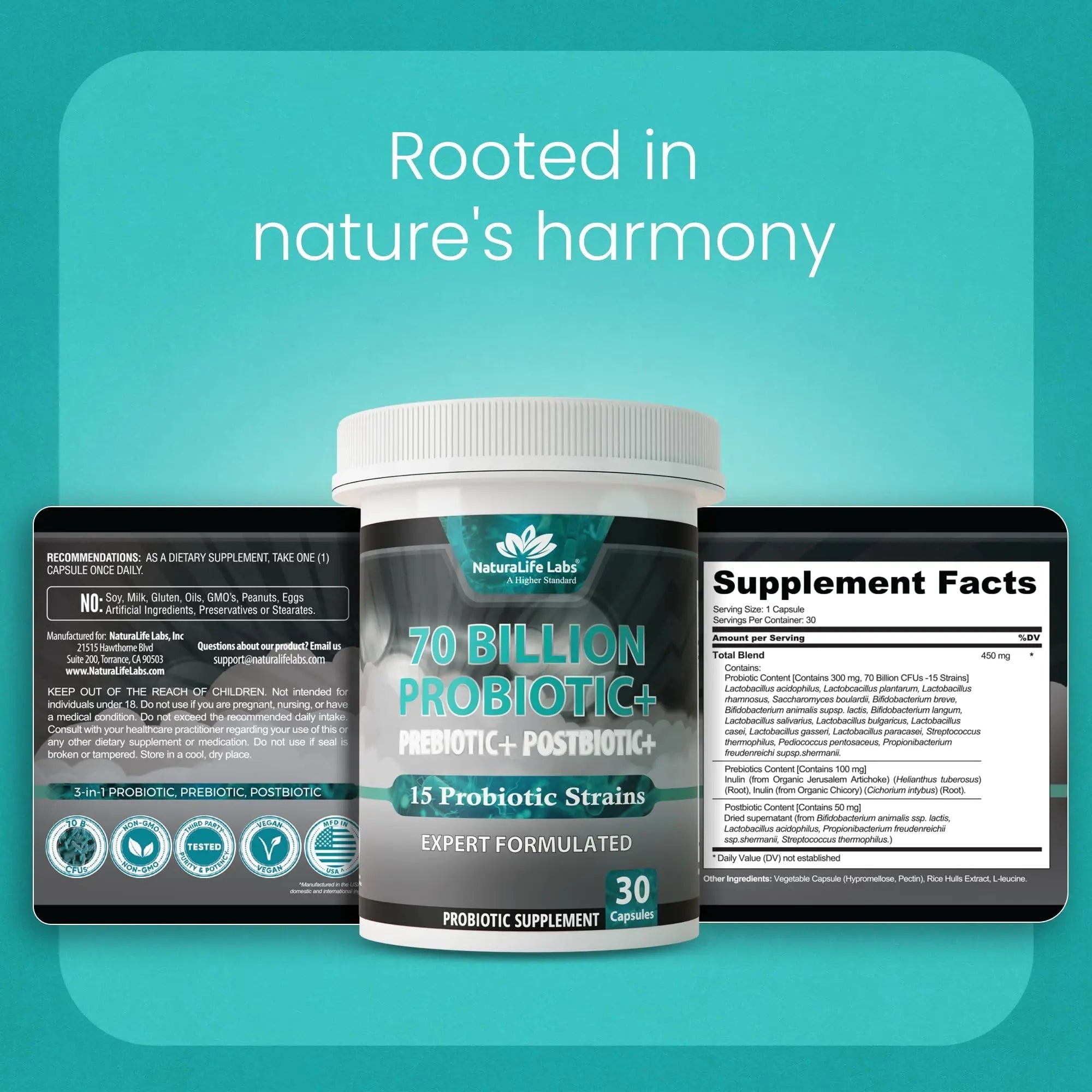 NaturaLife Labs Probiotics 70 Billion CFU – 15 Strains with Organic Prebiotic & Postbiotic – 3-in-1 Formula – 30 Vegan Capsules NaturaLife Labs buy australia supplements