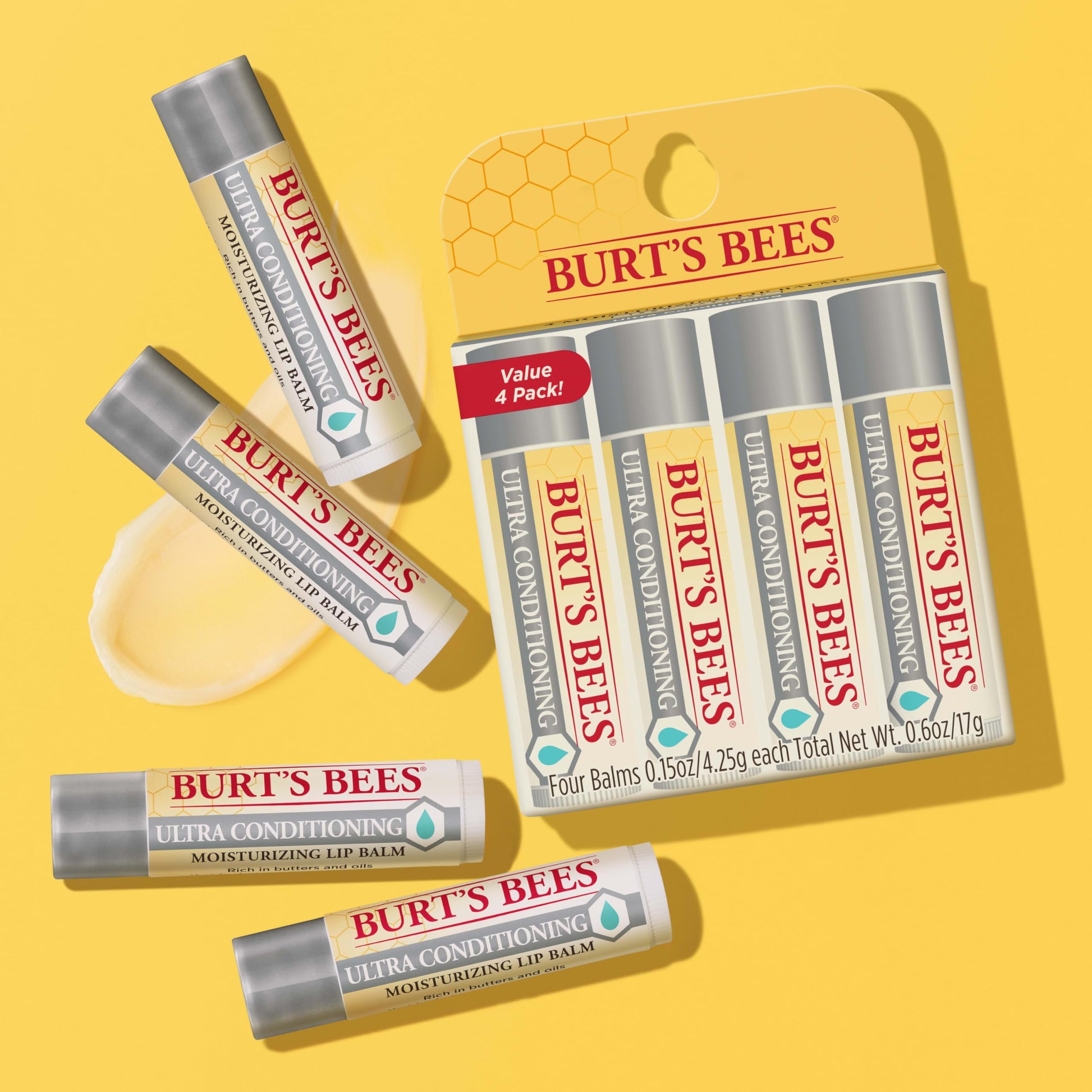 Burt's Bees Lip Balm, Moisturizing Lip Care, 100% Natural Origin, Ultra Conditioning with Shea, Cocoa & Kokum Butter (4 Pack) Burt's Bees
