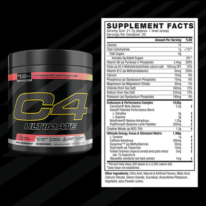 C4 Ultimate Pre Workout Powder Watermelon - Sugar Free Preworkout Energy Supplement for Men & Women - 300mg Caffeine + 3.2g Beta Alanine C4