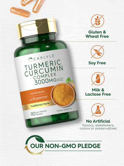 Carlyle Turmeric Curcumin with Black Pepper | 90 Powder Capsules | Complex Supplement with Bioperine | Non-GMO, Gluten Free Carlyle