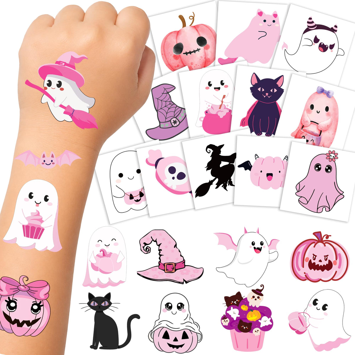 168PCS Pink Halloween Temporary Tattoos for Kids Halloween Party Favors Epuxiael