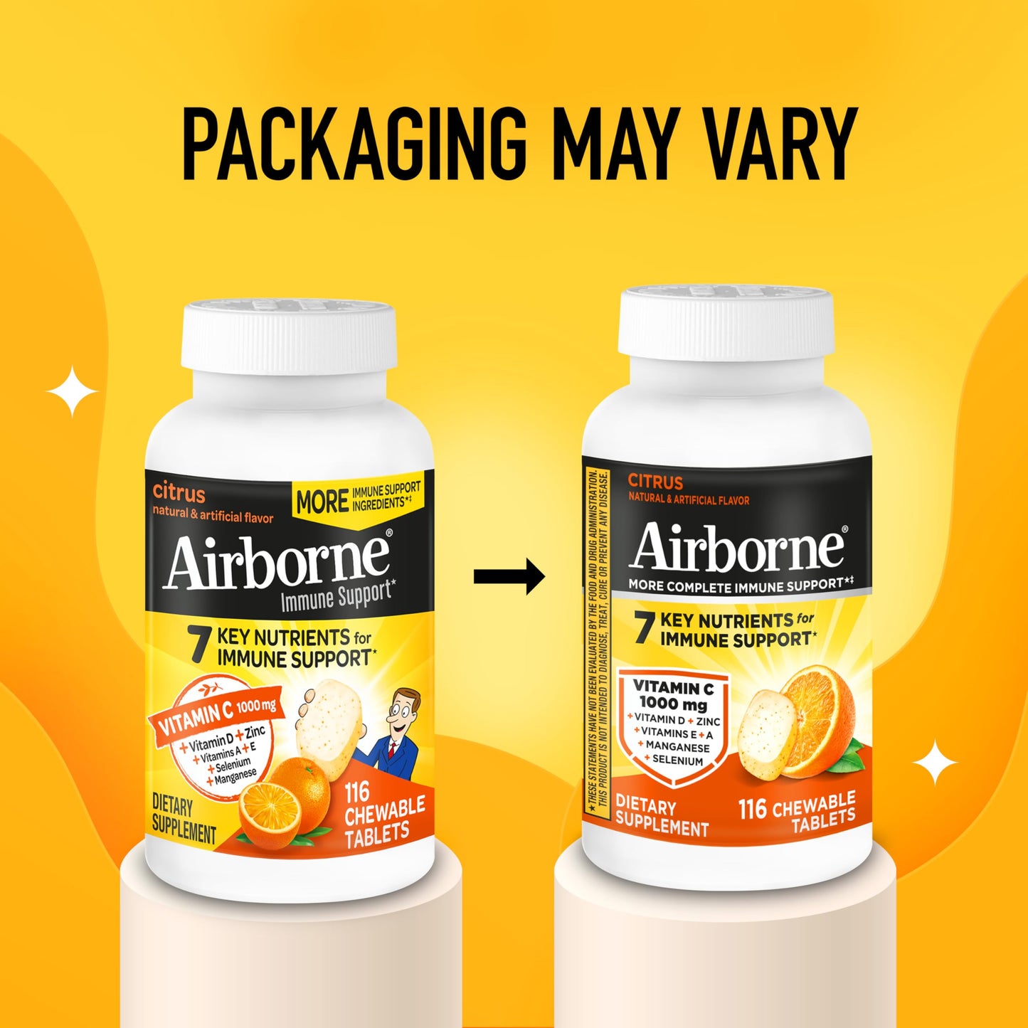 Airborne Vitamin C 1000mg (per Serving) - Citrus Chewable Tablets (116 Count in a Bottle), Gluten-Free Immune Support Supplement, with Vitamins A C E, Zinc, Selenium Airborne