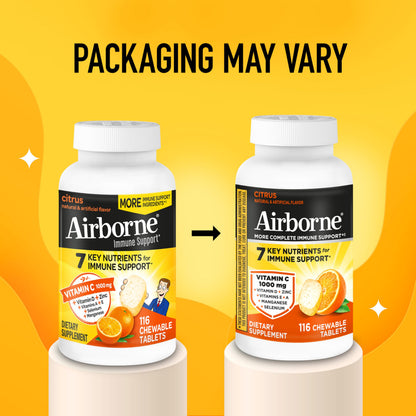 Airborne Vitamin C 1000mg (per Serving) - Citrus Chewable Tablets (116 Count in a Bottle), Gluten-Free Immune Support Supplement, with Vitamins A C E, Zinc, Selenium Airborne