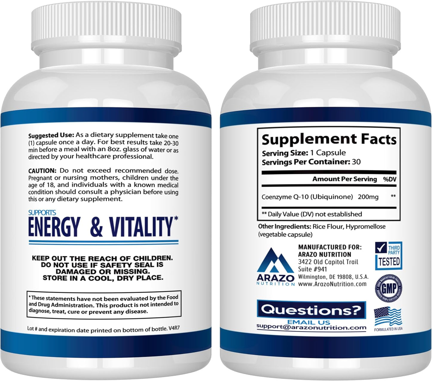 Arazo Nutrition CoQ10 Ubiquinone Coenzyme Q10-200mg Per Serving Maximum Strength Nutritional Supplement - High Absorption Capsules with No Soy Gsupps Australia