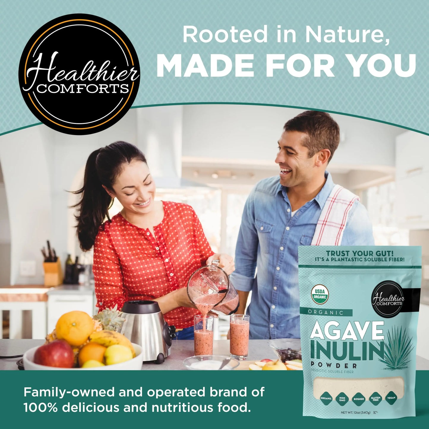 Healthier Comforts Organic Inulin Powder (12 oz) from Blue Agave | Soluble Prebiotic Fiber, Gentle on Digestion, Non-GMO | Perfect for Coffee, Baking & Cooking Healthier Comforts