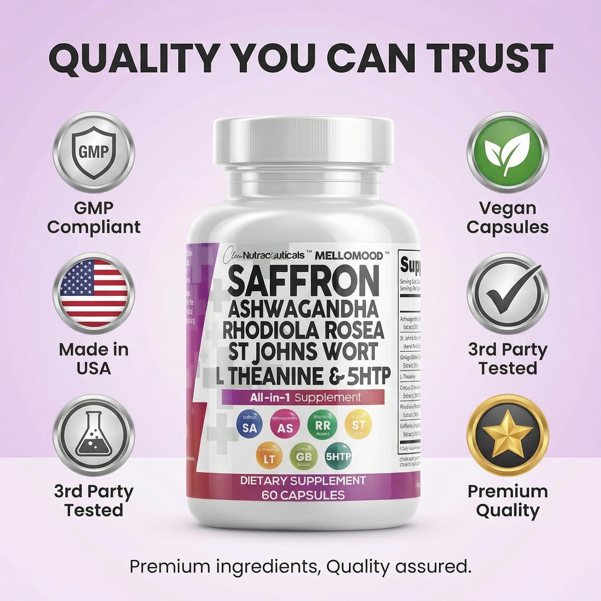 Clean Nutraceuticals Saffron Supplements Extract 100mg + Ashwagandha L-Theanine 200mg - Mood Support Ginkgo Biloba, St. John's Wort, Rhodiola Rosea & 5-HTP Capsules Pills Men Women Clean Nutraceuticals buy australia supplements