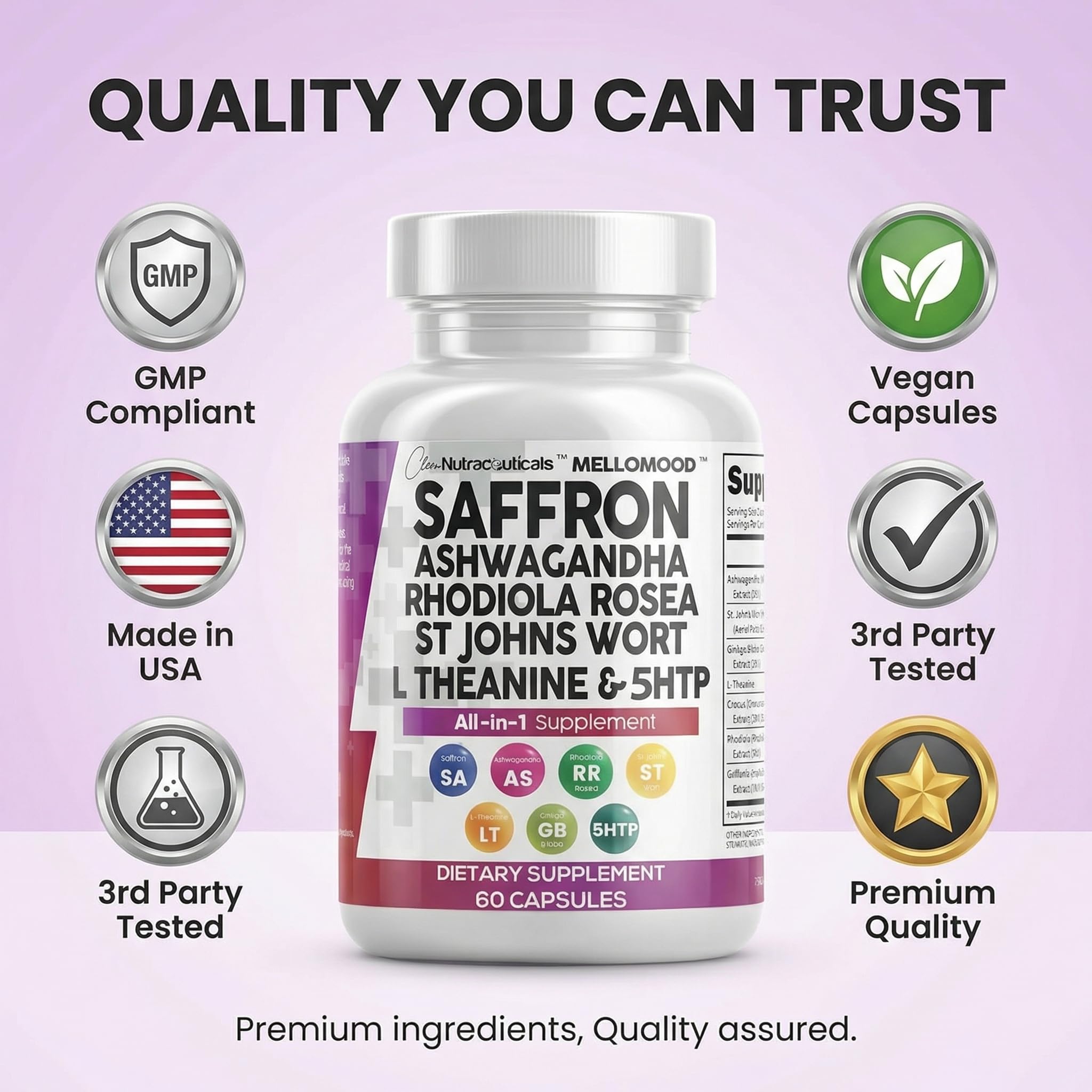 Clean Nutraceuticals Saffron Supplements Extract 100mg + Ashwagandha L-Theanine 200mg - Mood Support Ginkgo Biloba, St. John's Wort, Rhodiola Rosea & 5-HTP Capsules Pills Men Women Clean Nutraceuticals buy australia supplements