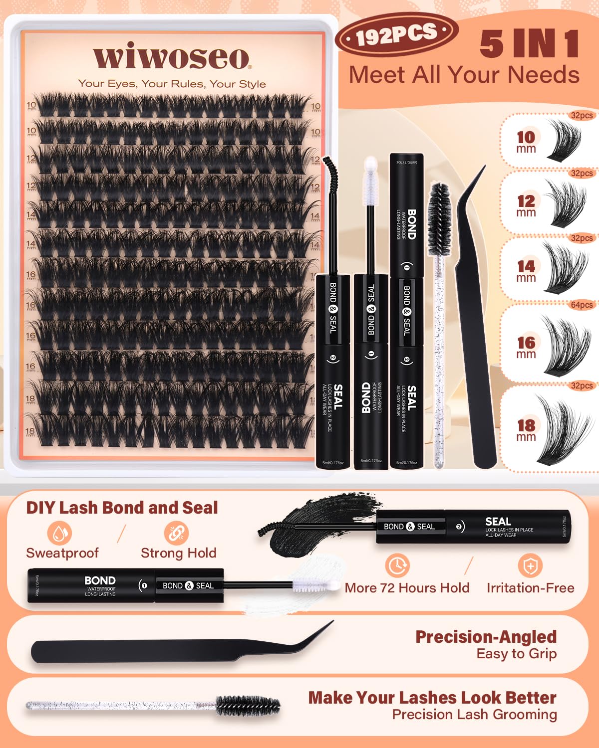 Lash Clusters Kit Fluffy 100D Thick Eyelash Clusters 10-18MM 192pcs D Curl wiwoseo