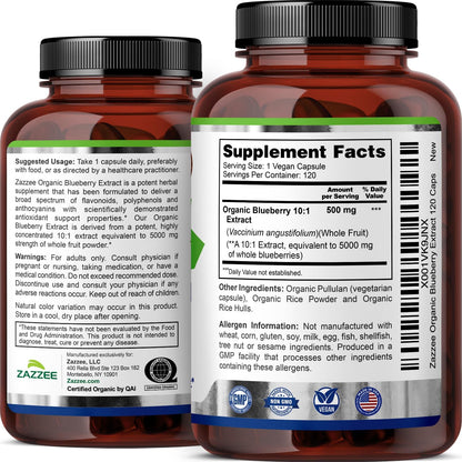 Zazzee USDA Organic Blueberry 10:1 Extract, 120 Capsules, 4 Month Supply | Vegan, Whole Fruit, Vaccinium Angustifolium, Antioxidant & Cellular Health Support, Herbal Supplement, Non-GMO, Made in USA Gsupps Australia