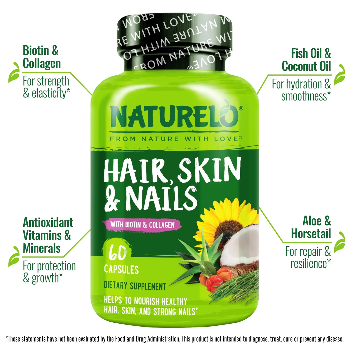 NATURELO Hair, Skin and Nails Vitamins - 5000 mcg Biotin, Collagen, Natural Vitamin E - Supplement for Healthy Skin NATURELO