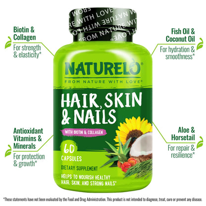 NATURELO Hair, Skin and Nails Vitamins - 5000 mcg Biotin, Collagen, Natural Vitamin E - Supplement for Healthy Skin NATURELO