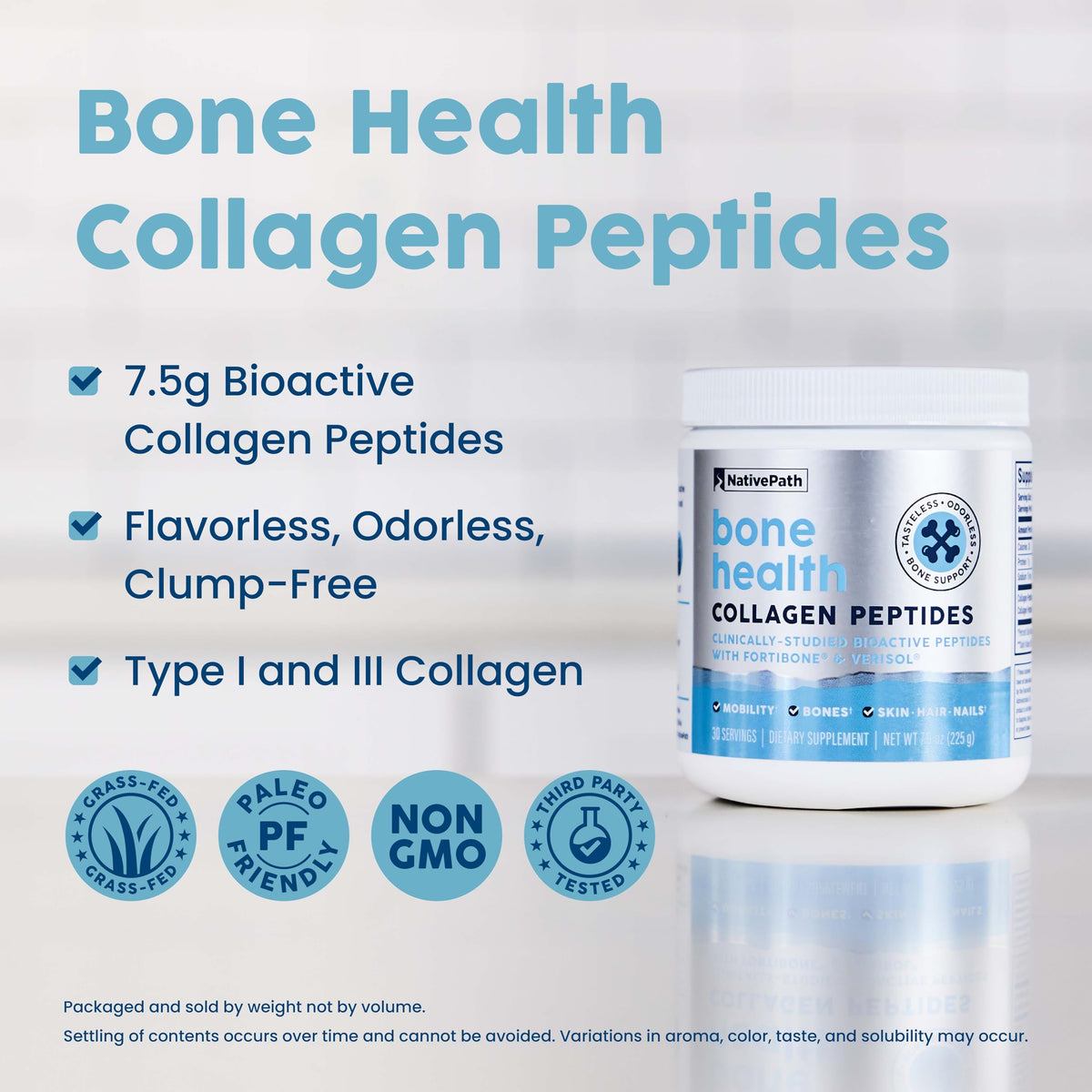 NativePath Bone Health Collagen Peptides, Type 1 & 3, with Fortibone and Verisol, 7.9 Ounce, 30 Servings NativePath