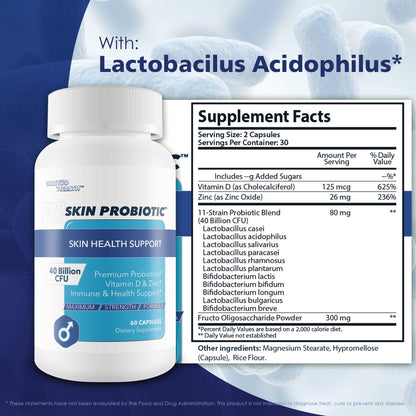 Pro Skin Probiotic - Skin Health Supporting Probiotic with Immune Support - Promote Healthy Skin Microbiome from Inside Out - Health Starts in the Gut - Support Reduced Breakouts, Redness, & Puffiness True You Health