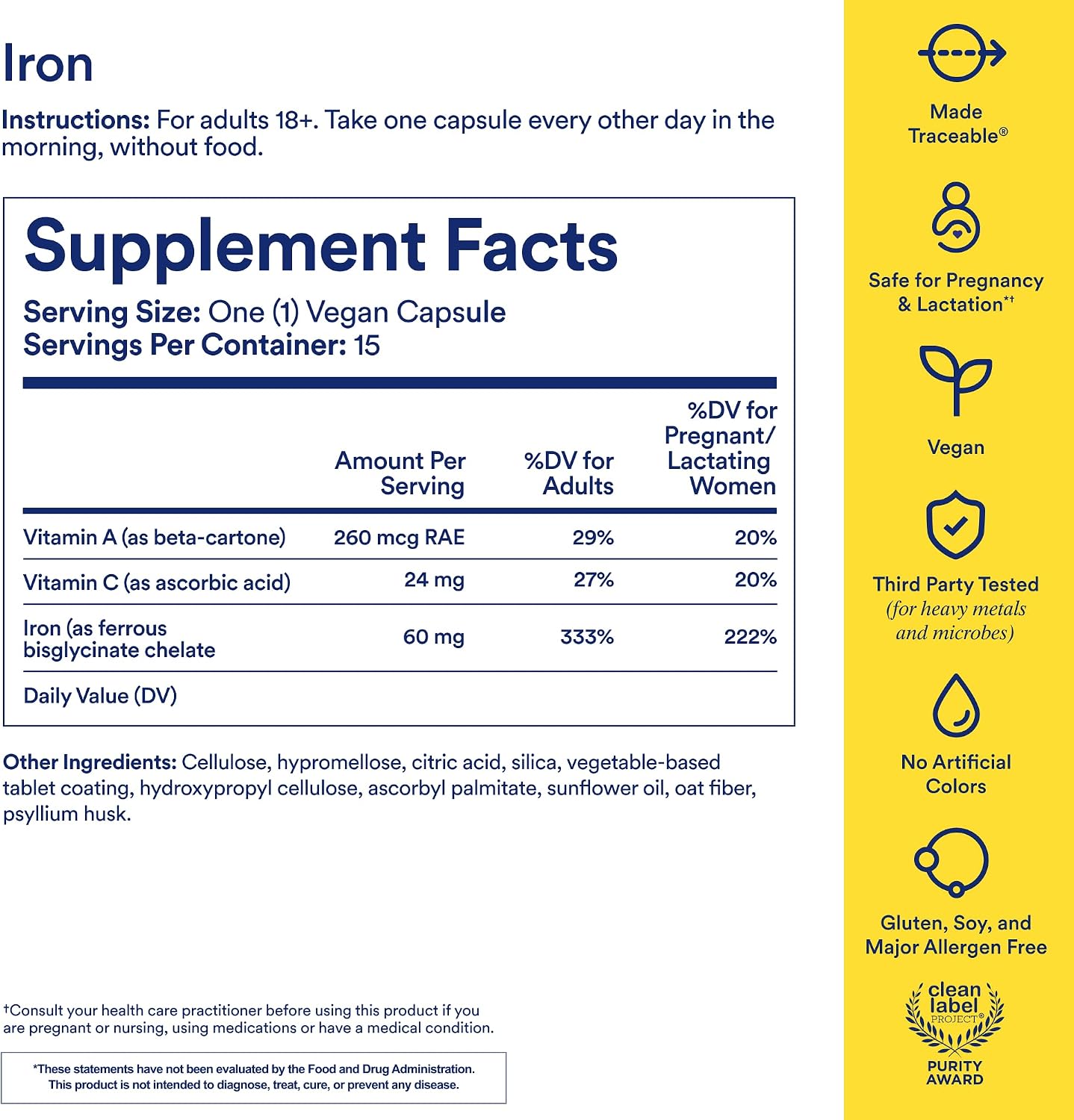 Ritual Iron Bisglycinate Supplement - 60mg - Gentle Support for Women with Low Iron Levels & Blood Boosting** - 48-Hour Dosing Routine - Plus Vitamin A, C - Vegan - Citrus - 15 Capsules - 15 Servings