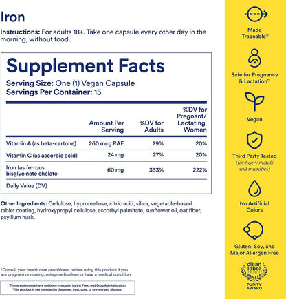 Ritual Iron Bisglycinate Supplement - 60mg - Gentle Support for Women with Low Iron Levels & Blood Boosting** - 48-Hour Dosing Routine - Plus Vitamin A, C - Vegan - Citrus - 15 Capsules - 15 Servings