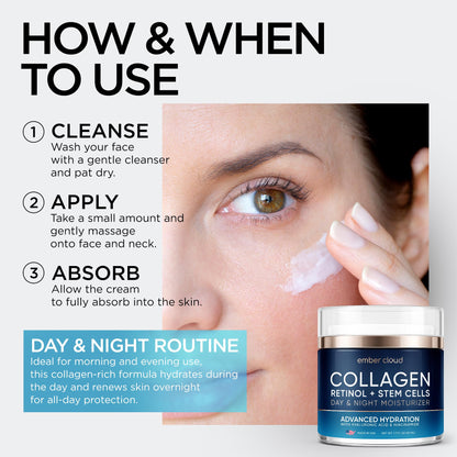 Collagen Face Cream Day & Night Moisturizer with Stem Cells Retinol 1.7Oz Ember Cloud