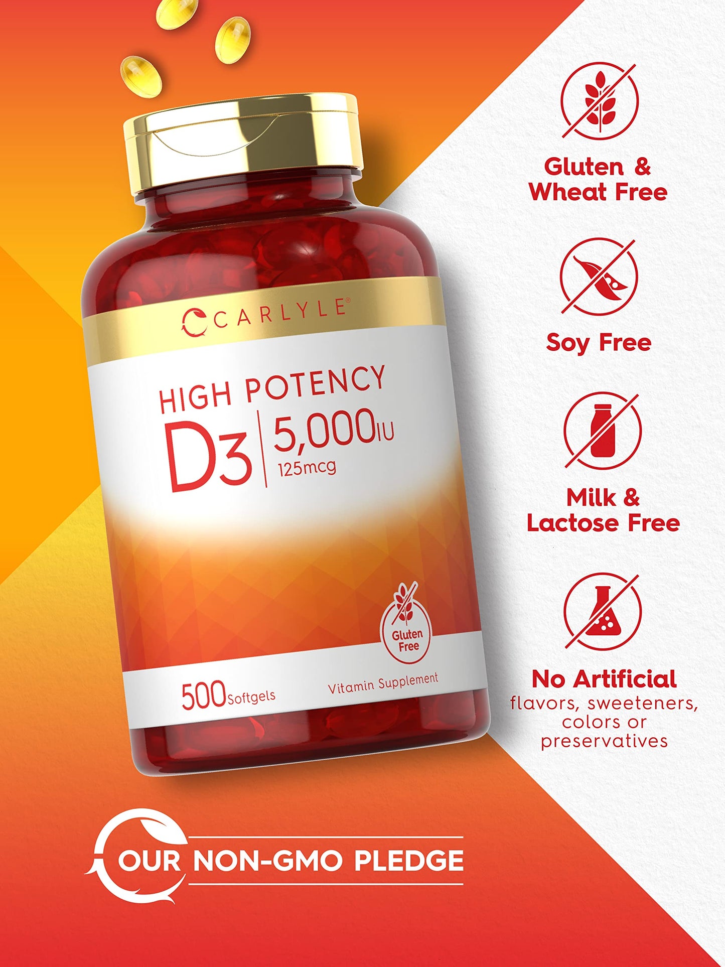 Carlyle Vitamin D3 5000 IU Softgels | 500 Count | Value Size | Non-GMO and Gluten Free Supplement | High Potency Formula | 125mcg Carlyle