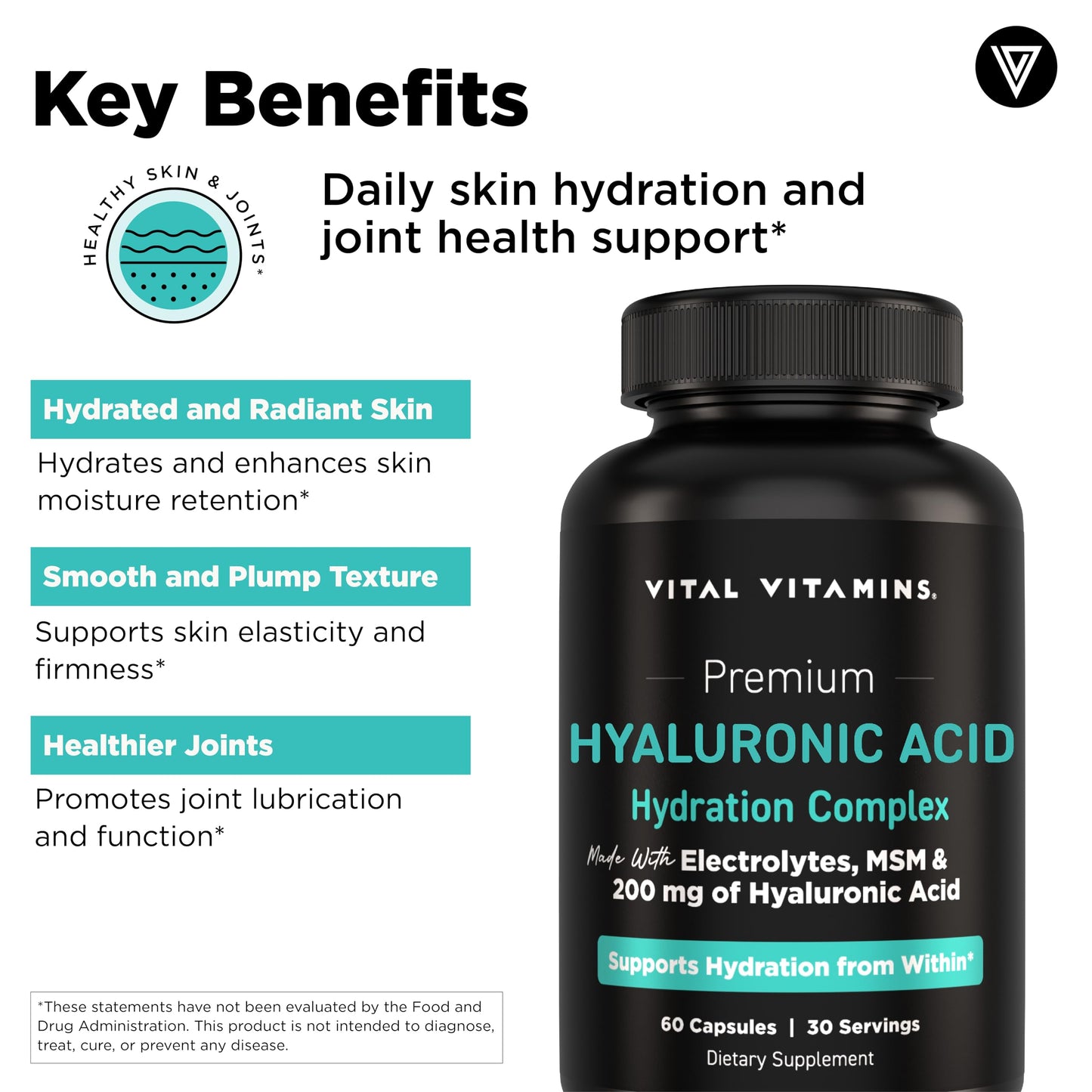 Vital Vitamins Hyaluronic Acid Supplements, 60 Capsules | 200mg Low Molecular Weight HA, Supports Skin Hydration, Elasticity & Joint Comfort, Vegan & Non-GMO Gsupps Australia
