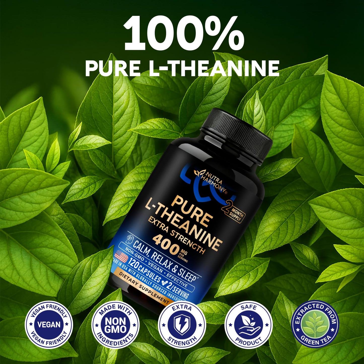 L Theanine 400 mg | L-Theanine Stress Relief | Extra Strength Supplement | Made in USA | Relaxation, Sleep & Calm Support | For Men & Women | Plant Based NUTRAHARMONY