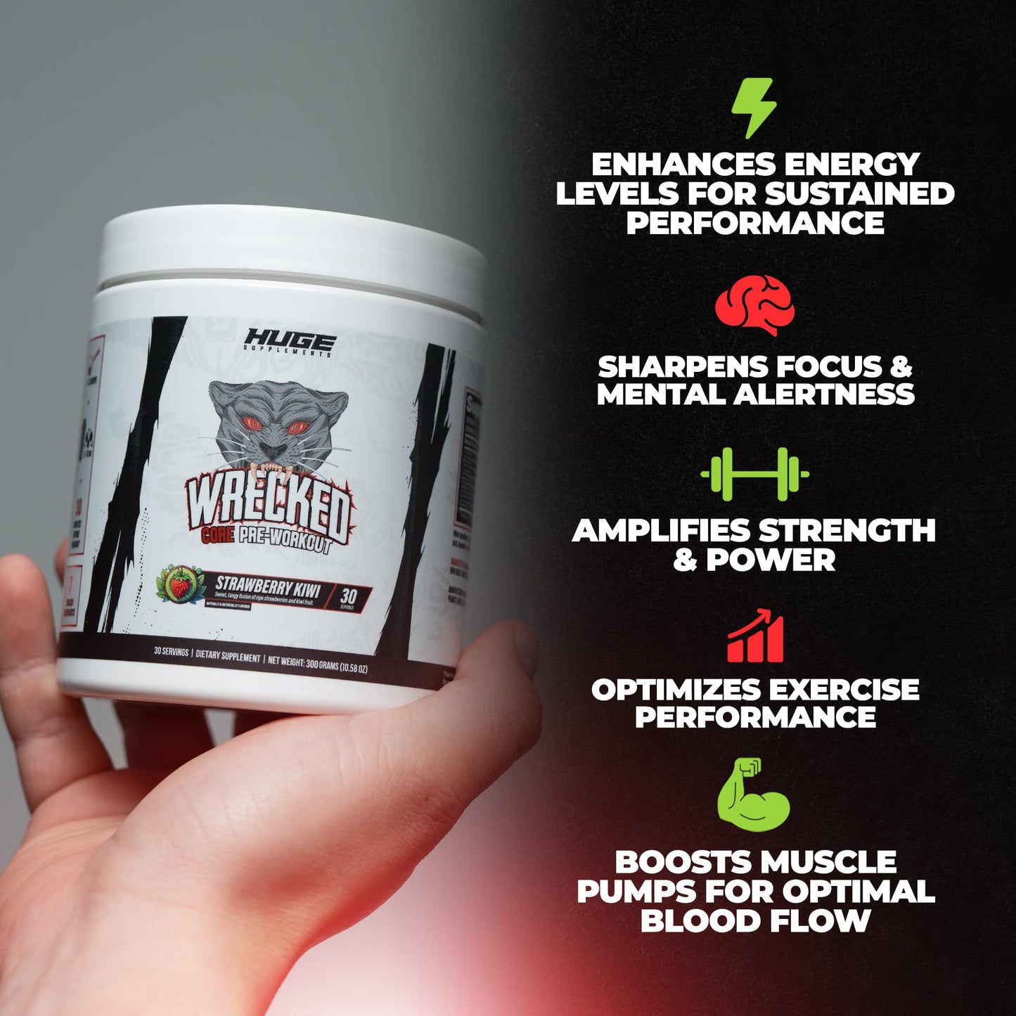 Wrecked Core - All-in-One Pre-Workout Supplement for Men & Women, Increase Energy, Focus & Pumps with L-Citrulline, Beta-Alanine, L-Tyrosine & More (30 Servings) - Blue Raspberry