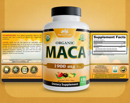 NaturaLife Labs Organic Maca Root – Black, Red & Yellow – 1900 mg per Serving – 150 Capsules – Gelatinized Peruvian Maca NaturaLife Labs