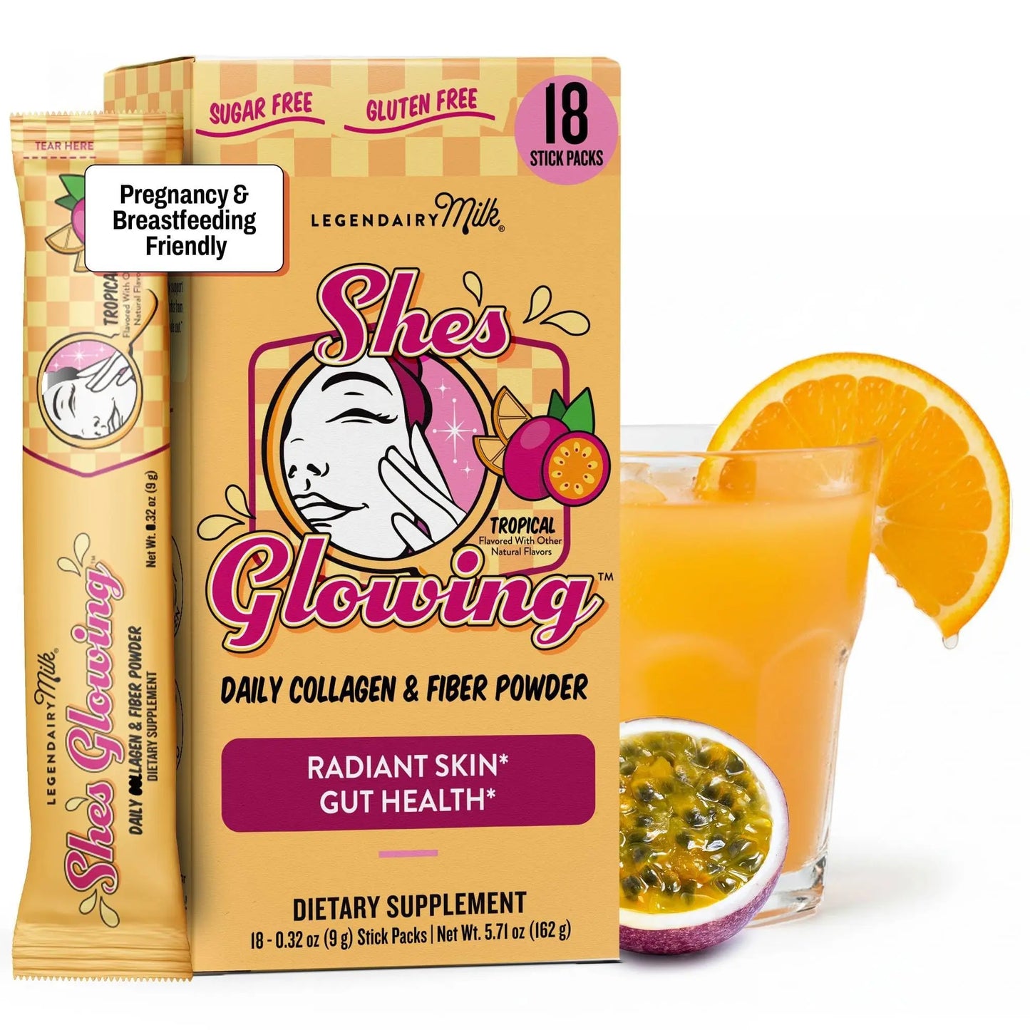 Legendairy Milk She’s Glowing Collagen Peptides Powder with Prebiotic Fiber, Tropical Drink Mix Supplement for Women, Legendairy Milk