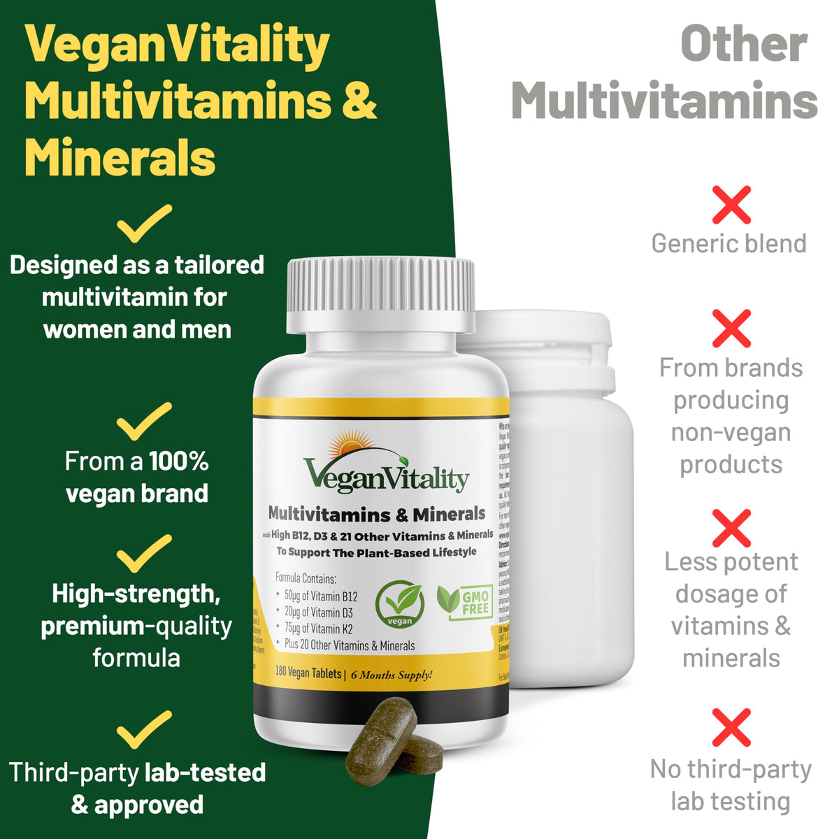 Vegan Vitality Multivitamins & Minerals for Women and Men with High Strength Vitamin B12, D3 & K2. 180 Vegan Multivitamin Tablets - 6 Months Supply Vegan Vitality
