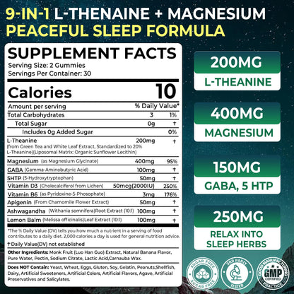 Liposomal L-Theanine 200mg Magnesium Glycinate 400mg Gummies with GABA, 5HTP, Apigenin, Vitamin B6 & D3, Ashwagandha, Lemon Balm Leaf, Melatonin Free Sleep NEVISS