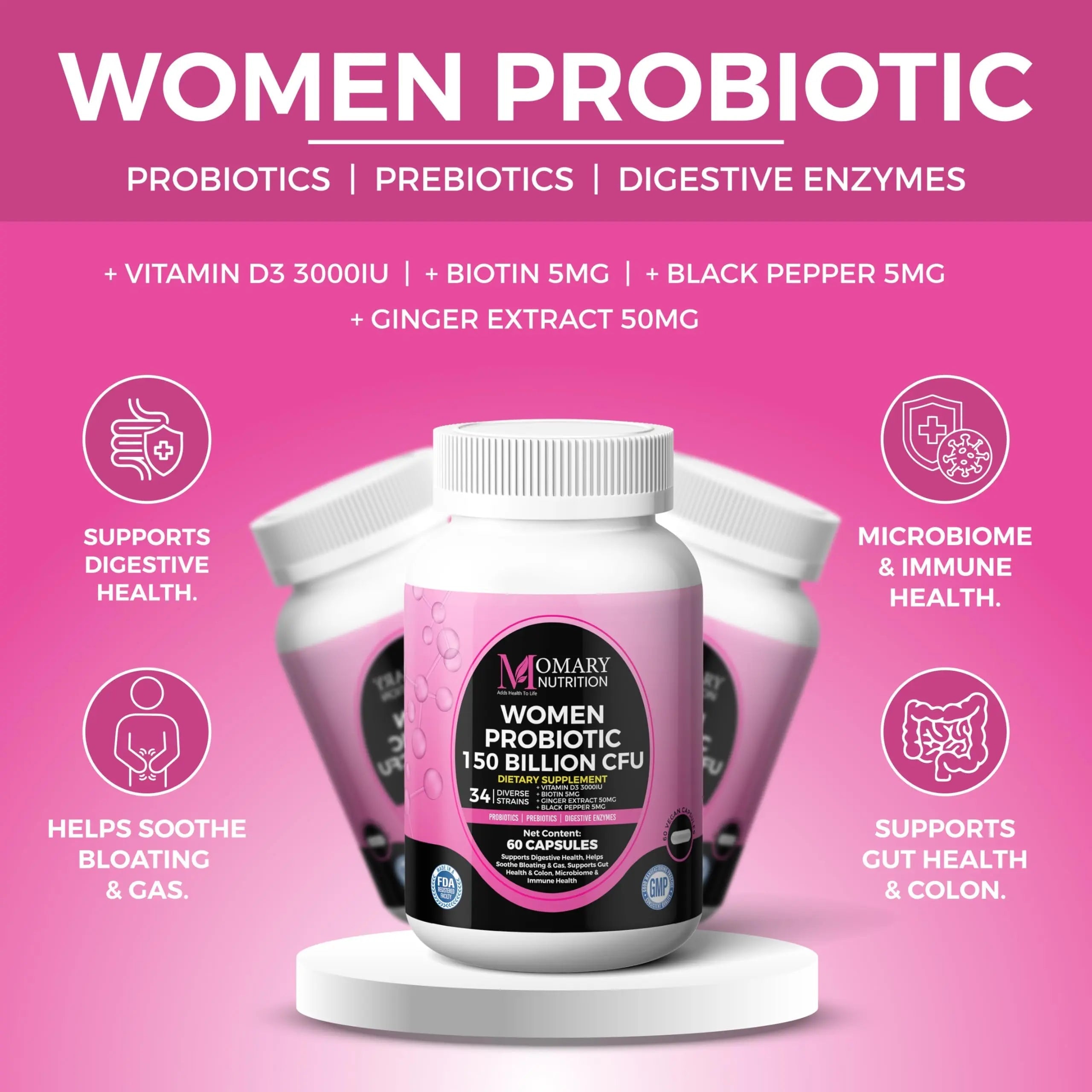 9-in-1 Bio Cultures Complex for Women – 150 Billion CFU Probiotics with 34 Diverse Strains, Organic Prebiotics, Postbiotics, Digestive Enzymes & Biotin – Supports Digestive Balance & Gut Microbiome MOMARY NUTRITION buy australia supplements