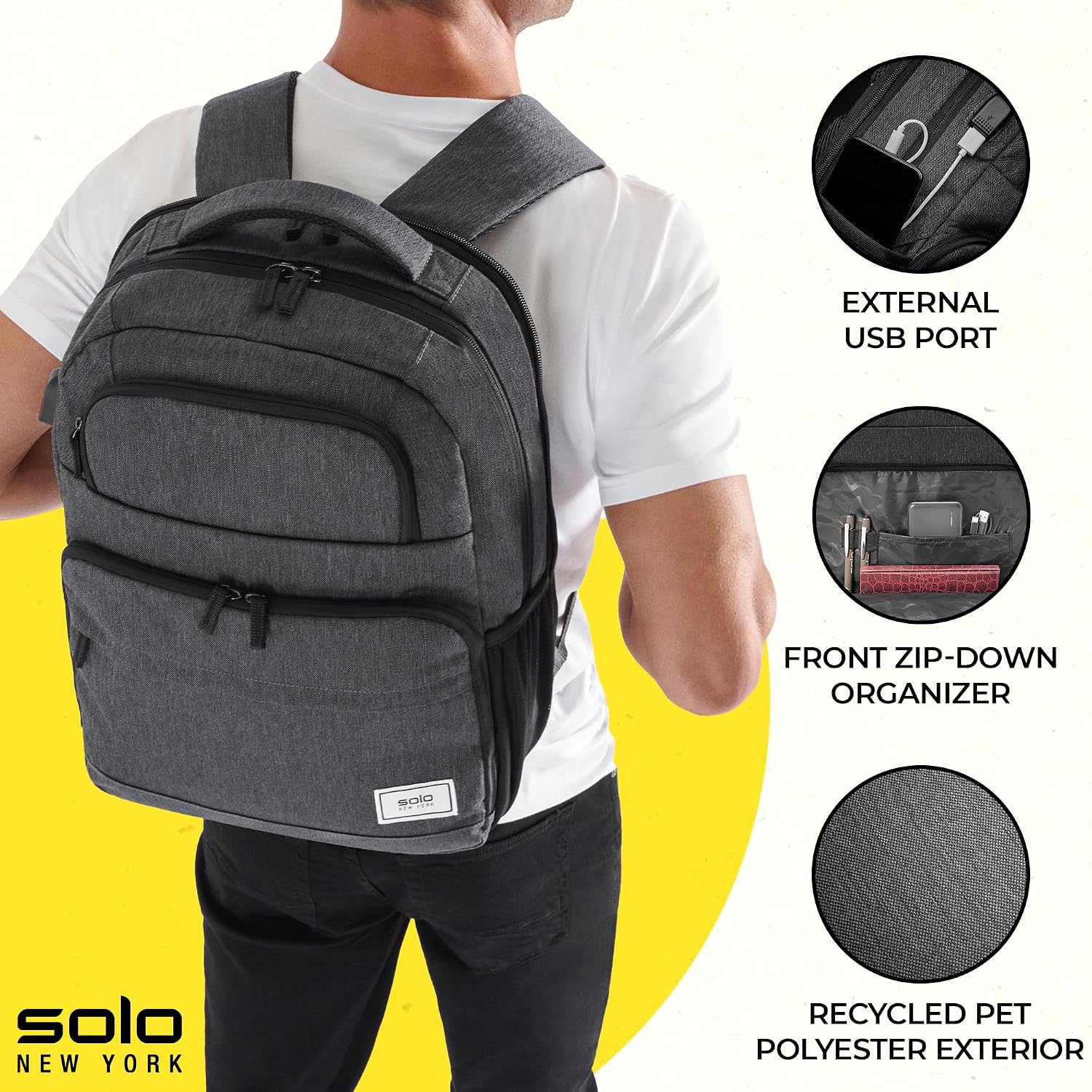 Solo New York Laptop Backpack for Women & Men -Carry On Bookbag for Travel & Work, Lightweight Bag, Side Mesh Pockets, Fits 15.6" Computer - Re:Discover, Grey Gsupps Australia