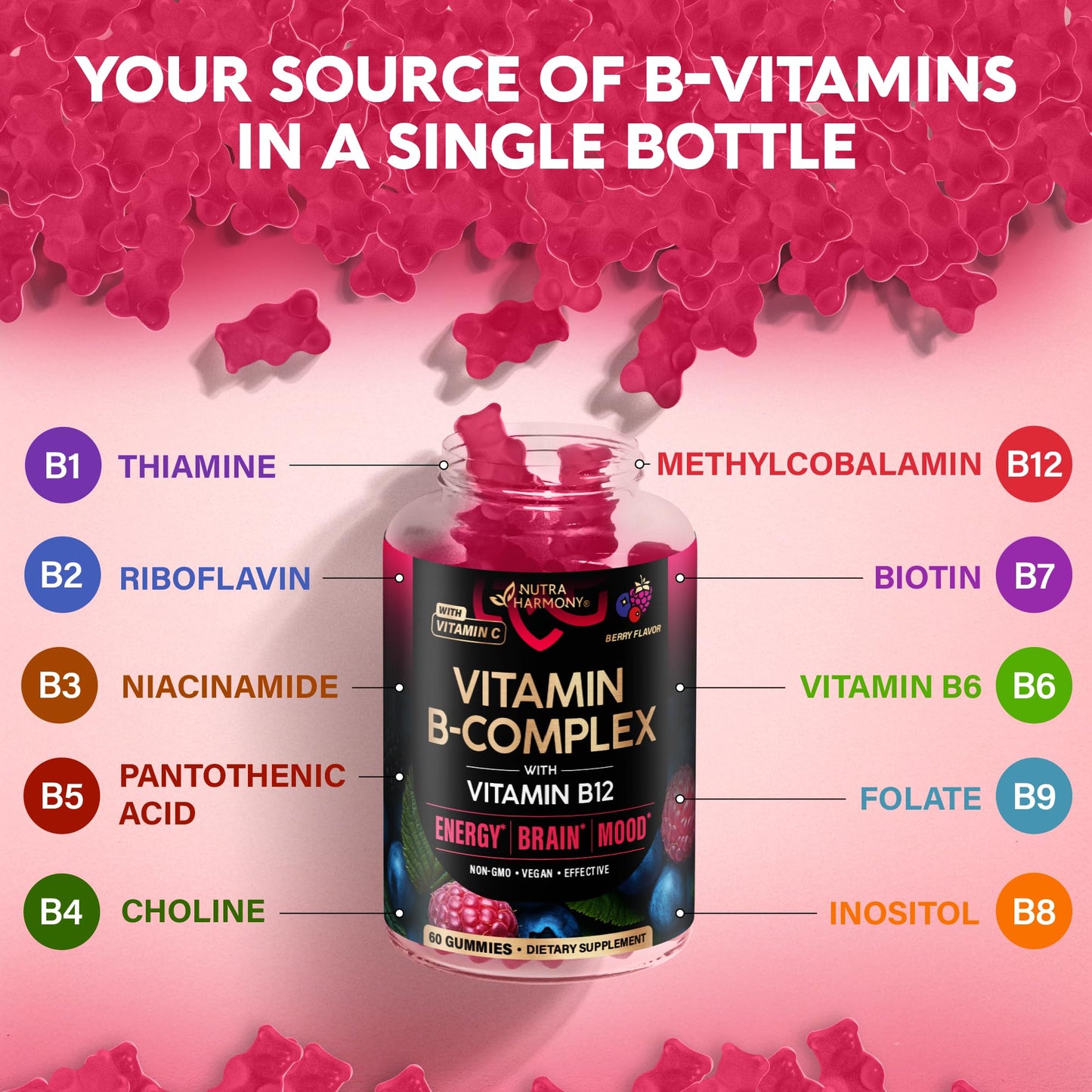 Vitamin B-Complex Gummies for Women & Men - Vitamin B12, B1, B2, B3, B5, B6, B7 & B9 - B Complex with Vitamin C & Choline - Energy, Brain & Mood NUTRAHARMONY