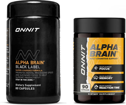 ONNIT Cognitive Performance Bundle: Alpha Brain Nootropic Capsules (90 Count) + Alpha Brain Black Label Capsules (80 Count), IGEN Non-GMO Tested Focus, Mental Clarity & Alertness, Pack of 2