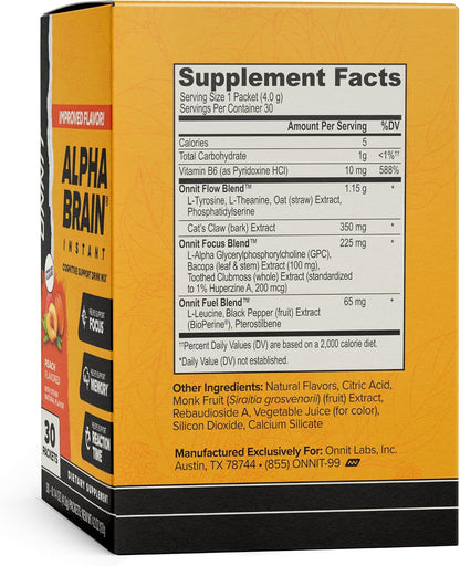 ONNIT Alpha Brain Instant Cognitive Support Drink Mix, Nootropic Supplement for Focus, Memory and Clarity, Peach Flavor, 0.13 oz Packets, 30 Count