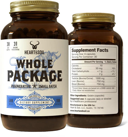 Heart & Soil – Whole Package – 100% Grass Fed & Finished Testicle, Liver & Blood Extract – Supports Male Reproductive Wellness, Hormonal Health, Energy Output & Physical Endurance – 180 Capsules