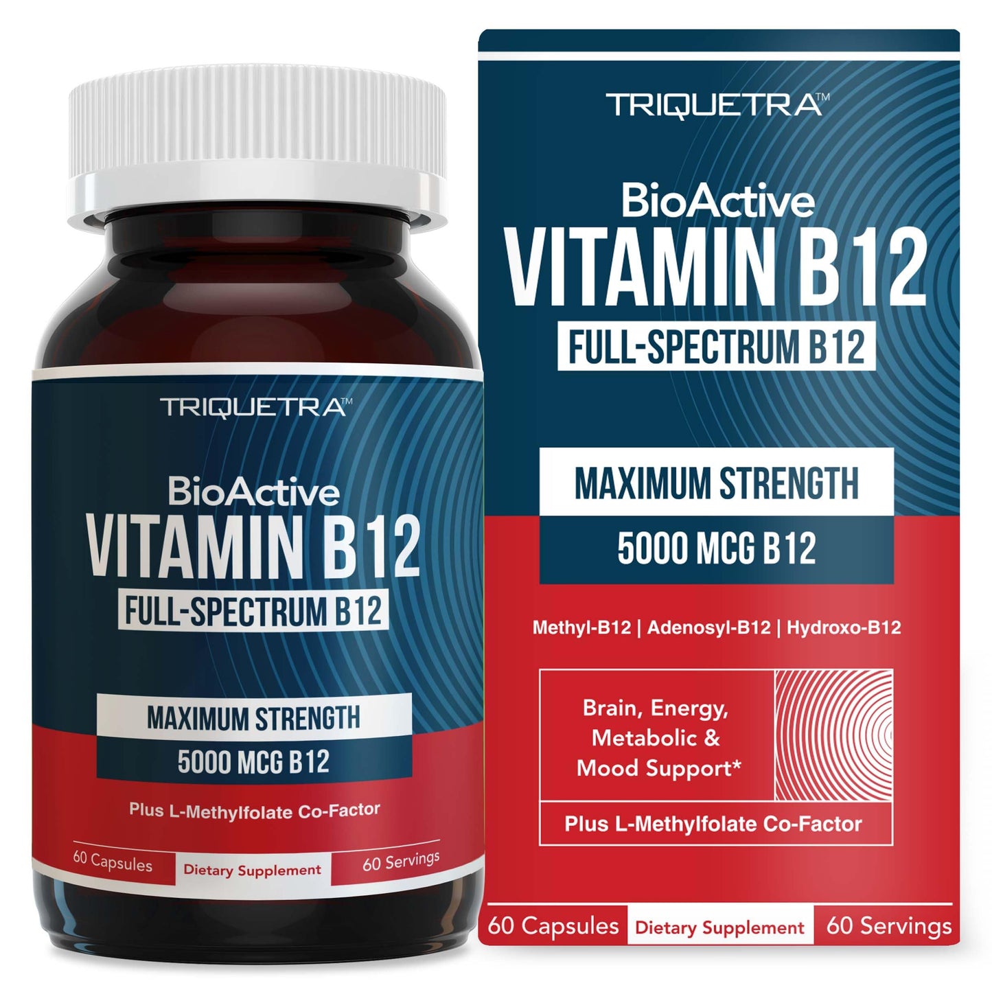 BioActive Vitamin B12 - 5000 mcg, Contains 3 BioActive Forms B12 Plus Methylfolate Cofactor - Methyl B12, Adenosyl B12 & Hydroxy B12 | Supports Energy Triquetra Health