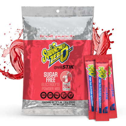 Sqwincher Zero Qwik Stik, Fruit Punch, Sugar Free, Low Calorie, Low Sodium Electrolyte Powder Hydration Drink Mix, .11 0z Packet (Pack of 50) Sqwincher