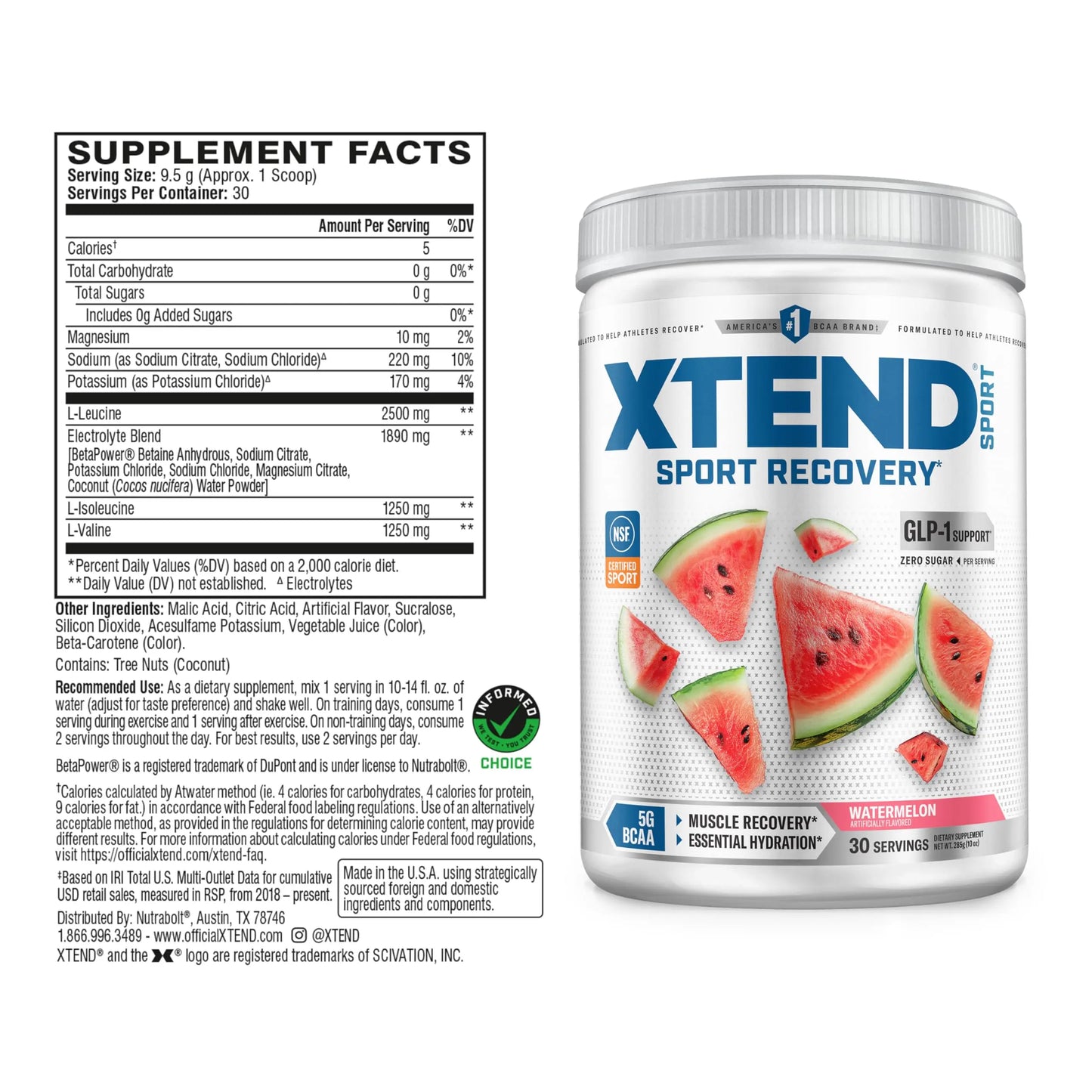 Xtend Sport BCAA Powder Watermelon - Electrolyte Powder for Recovery & Hydration with Amino Acids - 30 Servings Xtend