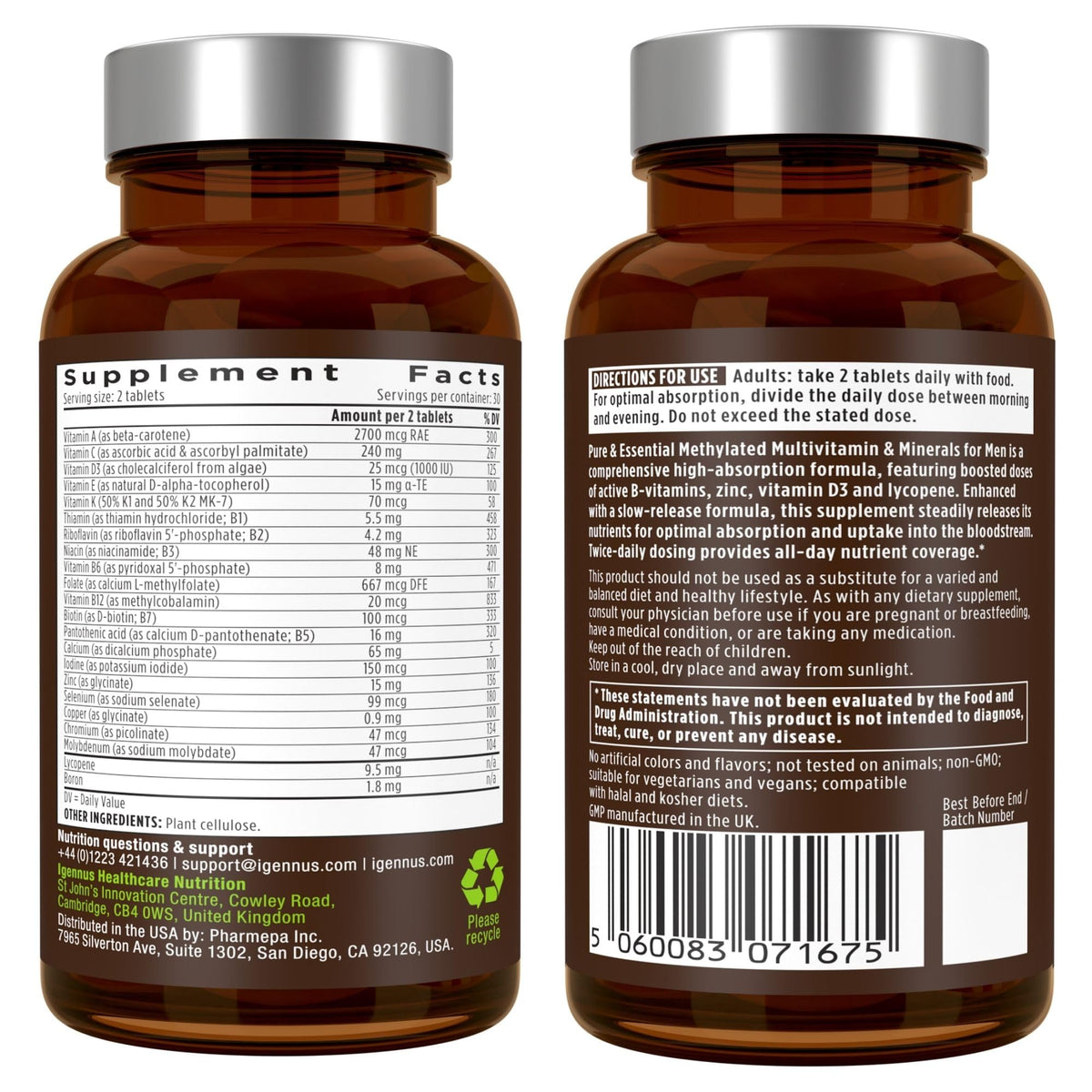 Igennus Methylated Men's Multivitamin with 22 Actives, Added Lycopene for Antioxidant Support, High Potency B12, Sustained Release, Igennus Healthcare Nutrition