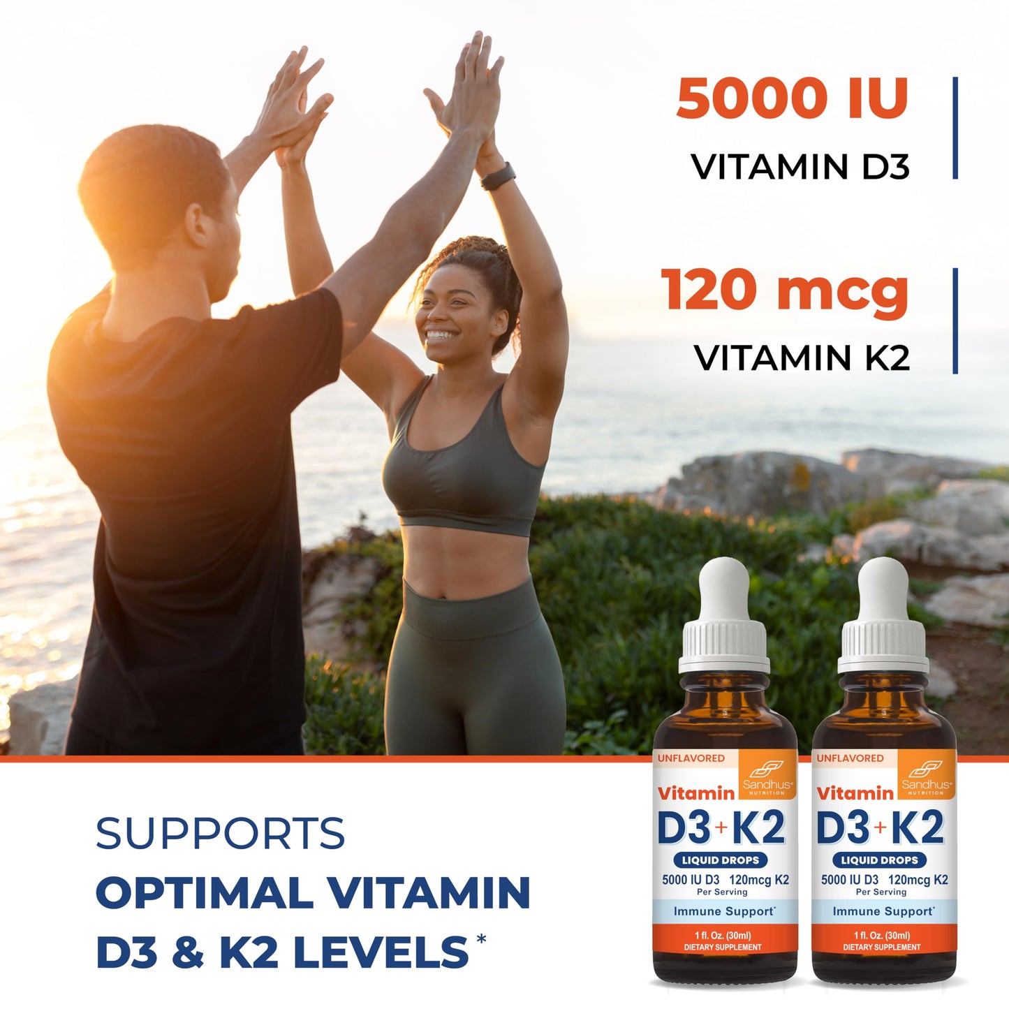 Sandhu's Vitamin D3 K2 Drops for Adults | 5000 IU D3 Liquid, 120mcg K2 Supplement 1 Fl Oz (Pack of 2) | D3K2 Supports Superior Absorption Sandhu's