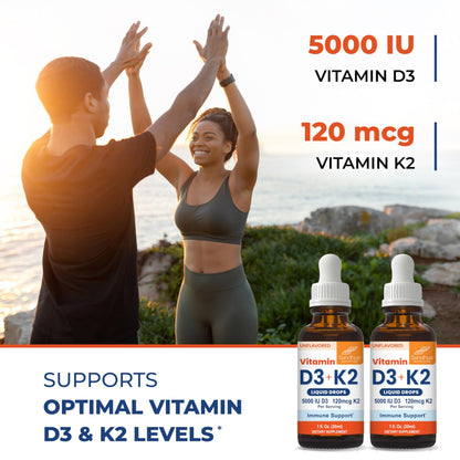 Sandhu's Vitamin D3 K2 Drops for Adults | 5000 IU D3 Liquid, 120mcg K2 Supplement 1 Fl Oz (Pack of 2) | D3K2 Supports Superior Absorption Sandhu's