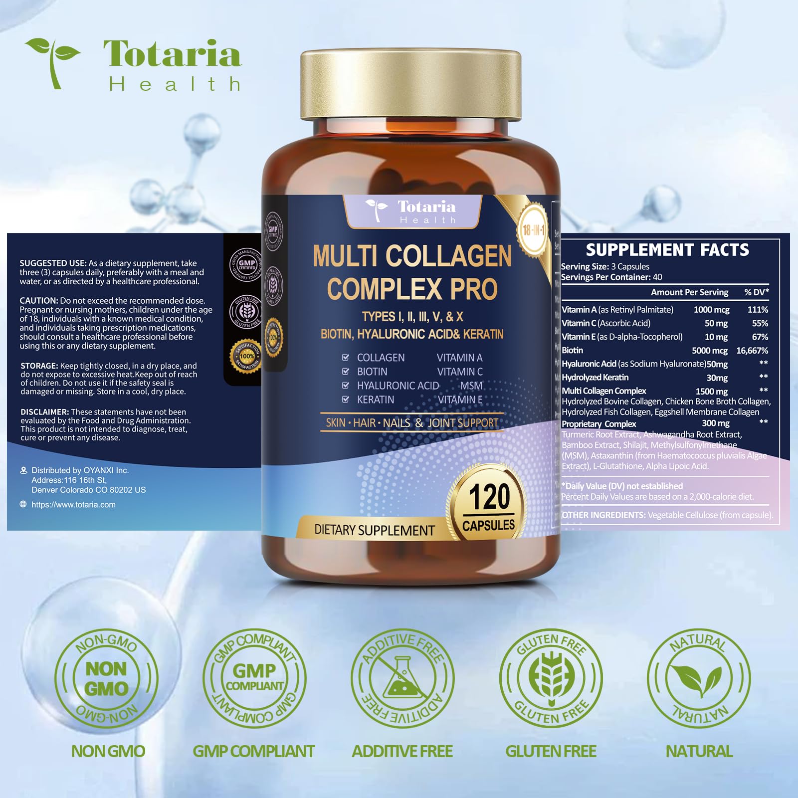 18-in-1 Collagen Pro with Hyaluronic Acid, Keratin, Biotin, VIT A C & E for Skin, Hair, Nails, Joint & Beauty - Multi Collagen Peptides Capsules with Type I II III V & X for Women & Men - 120 Caps Totaria buy australia supplements