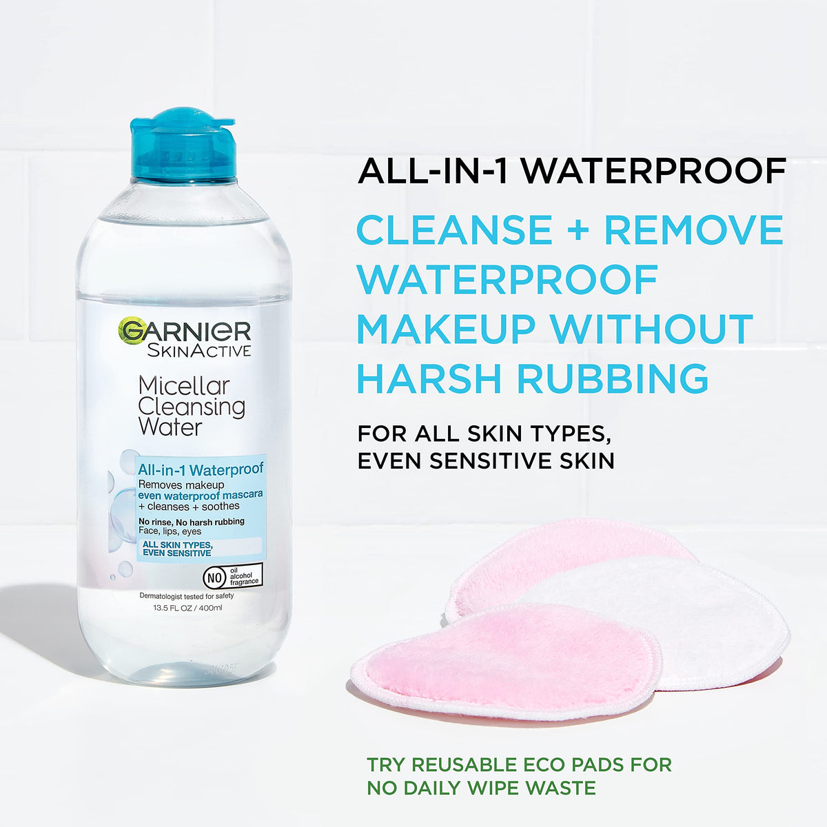 Garnier Micellar Water for Waterproof Makeup, Hydrating Facial Cleanser & Makeup Remover, Suitable for Sensitive Skin, Vegan, Cruelty Free, 13.5 Fl Oz (400mL), 2 Count Garnier