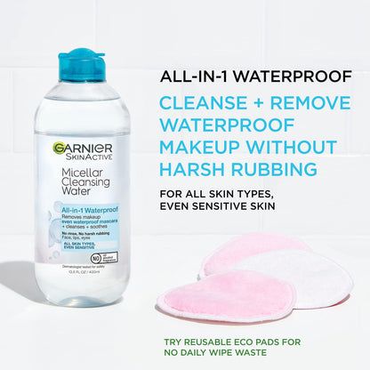 Garnier Micellar Water for Waterproof Makeup, Hydrating Facial Cleanser & Makeup Remover, Suitable for Sensitive Skin, Vegan, Cruelty Free, 13.5 Fl Oz (400mL), 2 Count Garnier