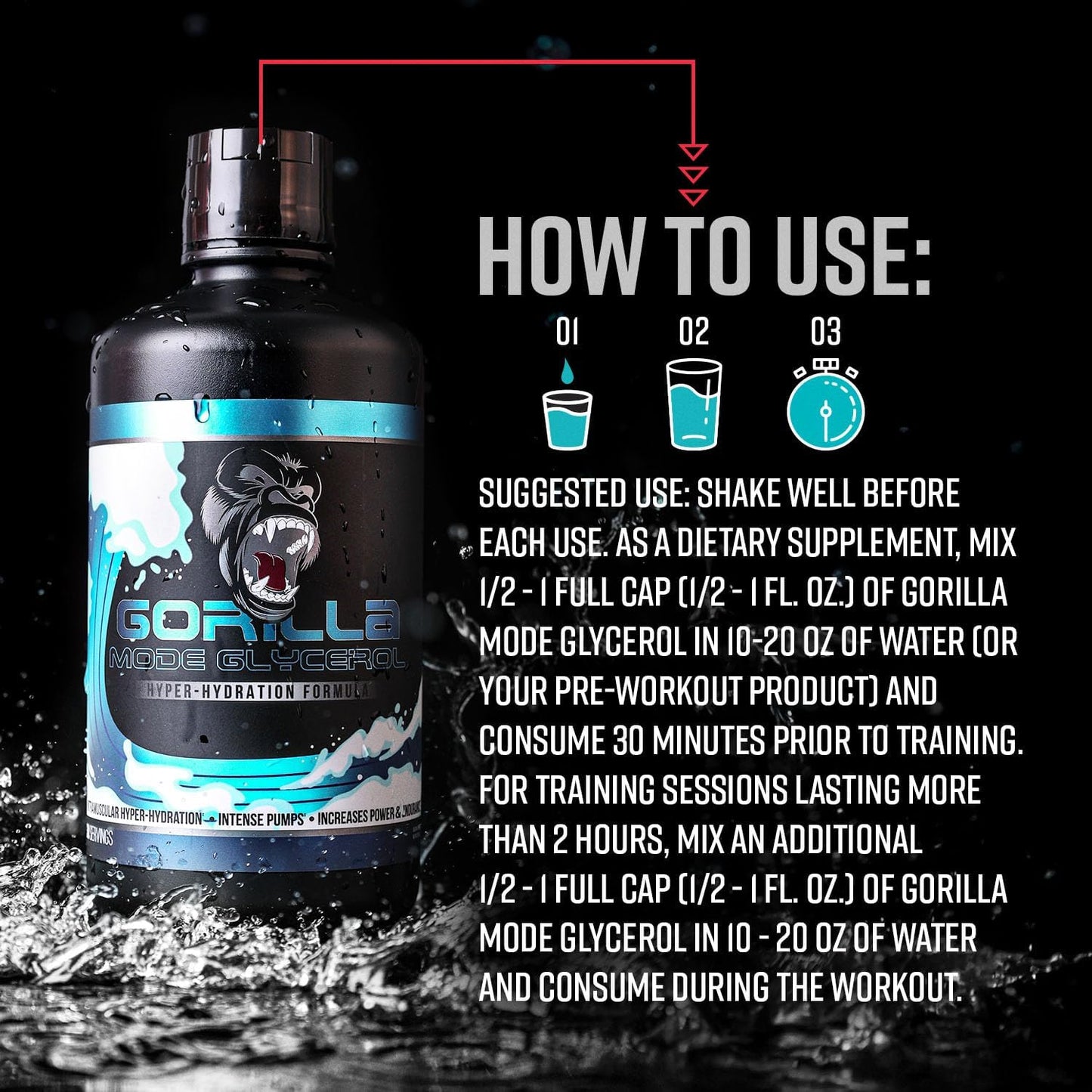 Gorilla Mode Liquid Glycerol Pre-Workout - Hydrating Pre-Workout Formula for Intense Pumps · Intramuscular Hyper-Hydration · Increased Power & Endurance / 33 FL OZ (Unflavored)