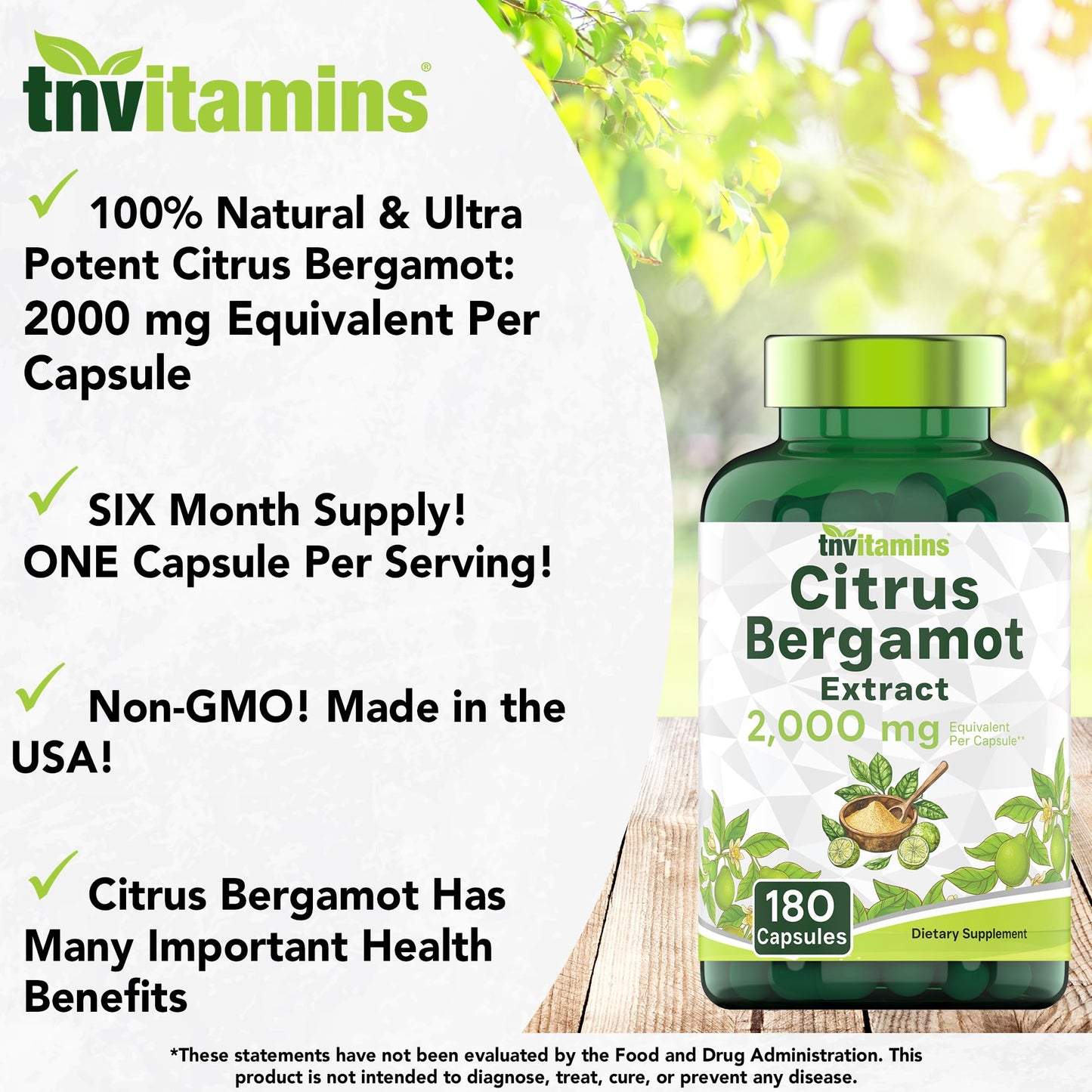 tnvitamins Citrus Bergamot 2000mg - 180 Capsules | Ultra Potent Citrus Bergamot Supplement 2000 mg Per 1 Capsule Serving tnvitamins