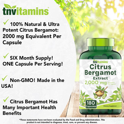 tnvitamins Citrus Bergamot 2000mg - 180 Capsules | Ultra Potent Citrus Bergamot Supplement 2000 mg Per 1 Capsule Serving tnvitamins