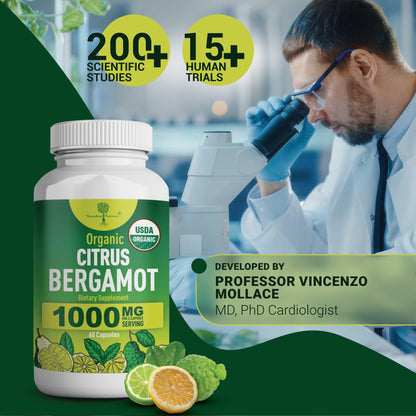 Organic Citrus Bergamot Supplement - Only USDA, Cardiologist Formulated with 200+ Scientific Studies -1000mg - Patented Extract, Heart, Cholesterol, Nourishing Nutrients