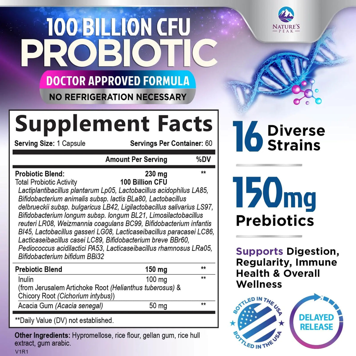 Probiotics for Digestive Gut Health - 100 Billion CFU Per Capsule, 16 Premium Strains & Prebiotics - Best Probiotics for Women & Men, Occasional Constipation Nature's Peak