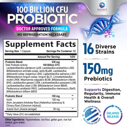 Probiotics for Digestive Gut Health - 100 Billion CFU Per Capsule, 16 Premium Strains & Prebiotics - Best Probiotics for Women & Men, Occasional Constipation Nature's Peak