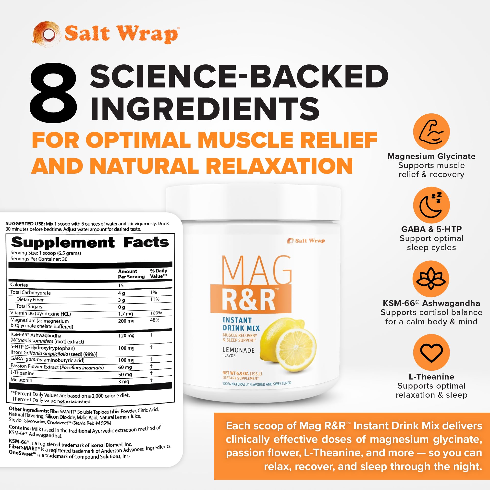 SaltWrap Mag R&R Instant Drink Mix - Sugar-Free Nighttime Magnesium Glycinate Powder with Stevia & FiberSMART® - Muscle Cramp & Leg Cramps Relief, Sleep & Relaxation Support - 30 Servings SaltWrap buy australia supplements